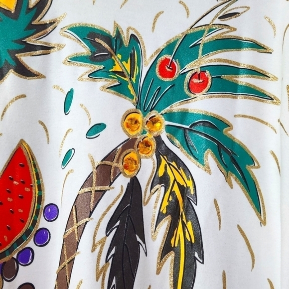 Vintage 80s Adolfo Sport Casual VacationDress Shoulder Pads Fruit Palm Trees - Picture 6 of 10
